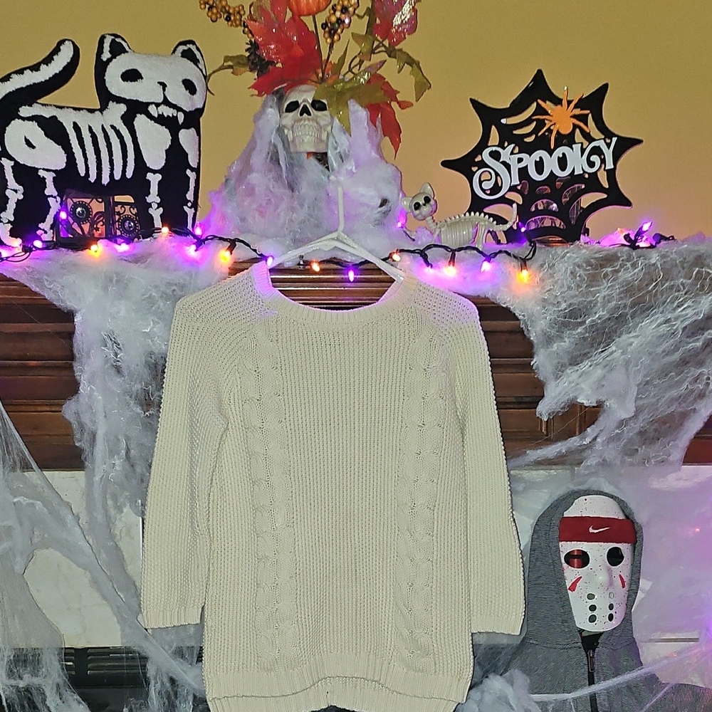 Cynthia Rowley Cream Cable Knit Sweater With 3/4 Sleeves & Faux Button-up Back